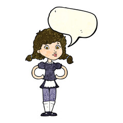 cartoon happy waitress woman with speech bubble