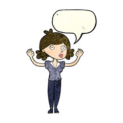 cartoon woman surrendering with speech bubble