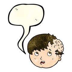 cartoon boy with ugly growth on head with speech bubble