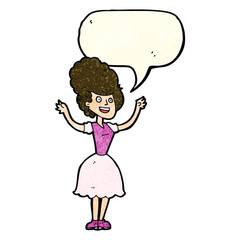 cartoon happy 1950's woman with speech bubble