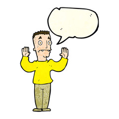 cartoon man surrendering with speech bubble