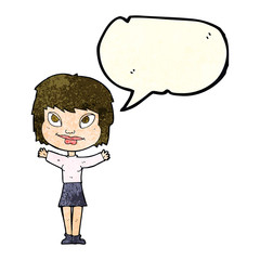 cartoon woman waving arms with speech bubble