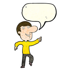 cartoon happy man dancing with speech bubble