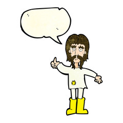 cartoon hippie man giving thumbs up symbol with speech bubble