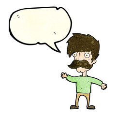 cartoon man with mustache waving with speech bubble