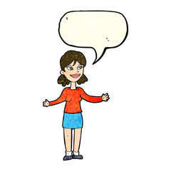 cartoon happy woman shrugging shoulders with speech bubble