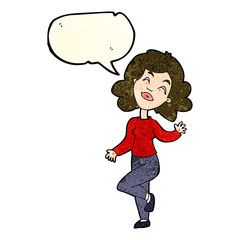 cartoon happy woman dancing with speech bubble