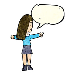 cartoon woman pointing with speech bubble