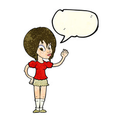 cartoon pretty woman waving with speech bubble