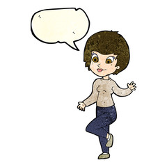 cartoon woman waving with speech bubble