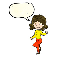 cartoon friendly woman waving with speech bubble