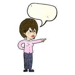 cartoon woman accusing with speech bubble