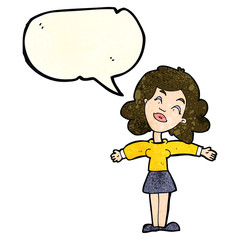 cartoon woman with open arms with speech bubble