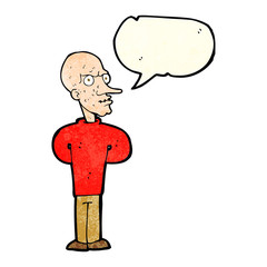 cartoon evil bald man with speech bubble