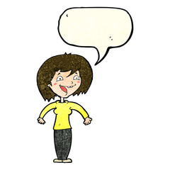 cartoon excited woman with speech bubble