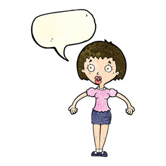 cartoon confused woman shrugging shoulders with speech bubble