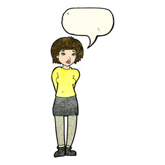 cartoon shy woman with speech bubble