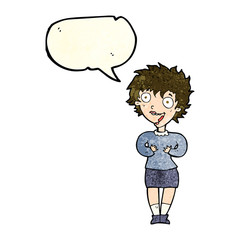 cartoon excited woman with speech bubble