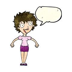cartoon excited woman with speech bubble