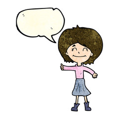 cartoon happy girl giving thumbs up symbol with speech bubble