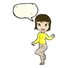 cartoon pretty woman waving with speech bubble