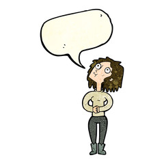 cartoon woman looking upwards with speech bubble