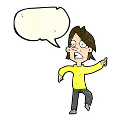 cartoon worried man pointing with speech bubble