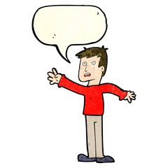cartoon worried man reaching with speech bubble