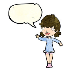 cartoon woman waving with speech bubble