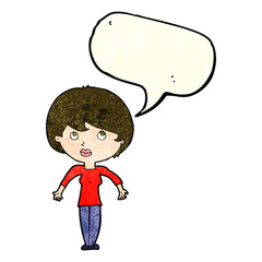 cartoon woman shrugging shoulders with speech bubble