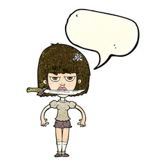 cartoon woman with knife between teeth with speech bubble