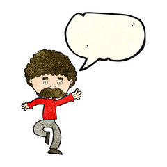 cartoon mustache man disco dancing with speech bubble