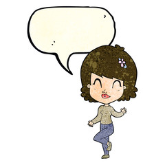 cartoon pretty woman dancing with speech bubble