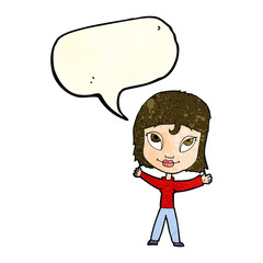 cartoon happy woman waving arms with speech bubble