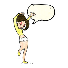 cartoon pretty woman dancing with speech bubble