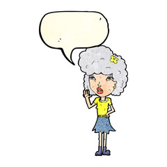 cartoon woman waving with speech bubble