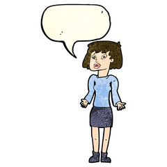 cartoon woman shrugging shoulders with speech bubble