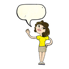 cartoon woman waving  with speech bubble