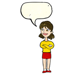 cartoon smug woman with speech bubble