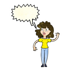 cartoon worried woman waving with speech bubble