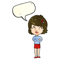 cartoon happy woman with folded arms with speech bubble