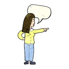 cartoon woman pointing with speech bubble