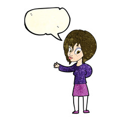 cartoon woman making welcome gesture with speech bubble