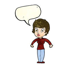 cartoon woman shrugging shoulders with speech bubble