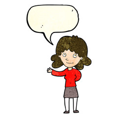 cartoon friendly woman with speech bubble