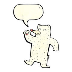 cartoon waving polar bear with speech bubble