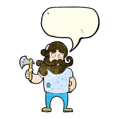cartoon lumberjack with axe with speech bubble