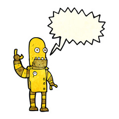 cartoon waving gold robot with speech bubble