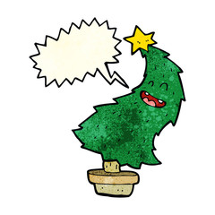 cartoon dancing christmas tree with speech bubble