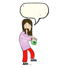 cartoon hippie man with bag of weed with speech bubble